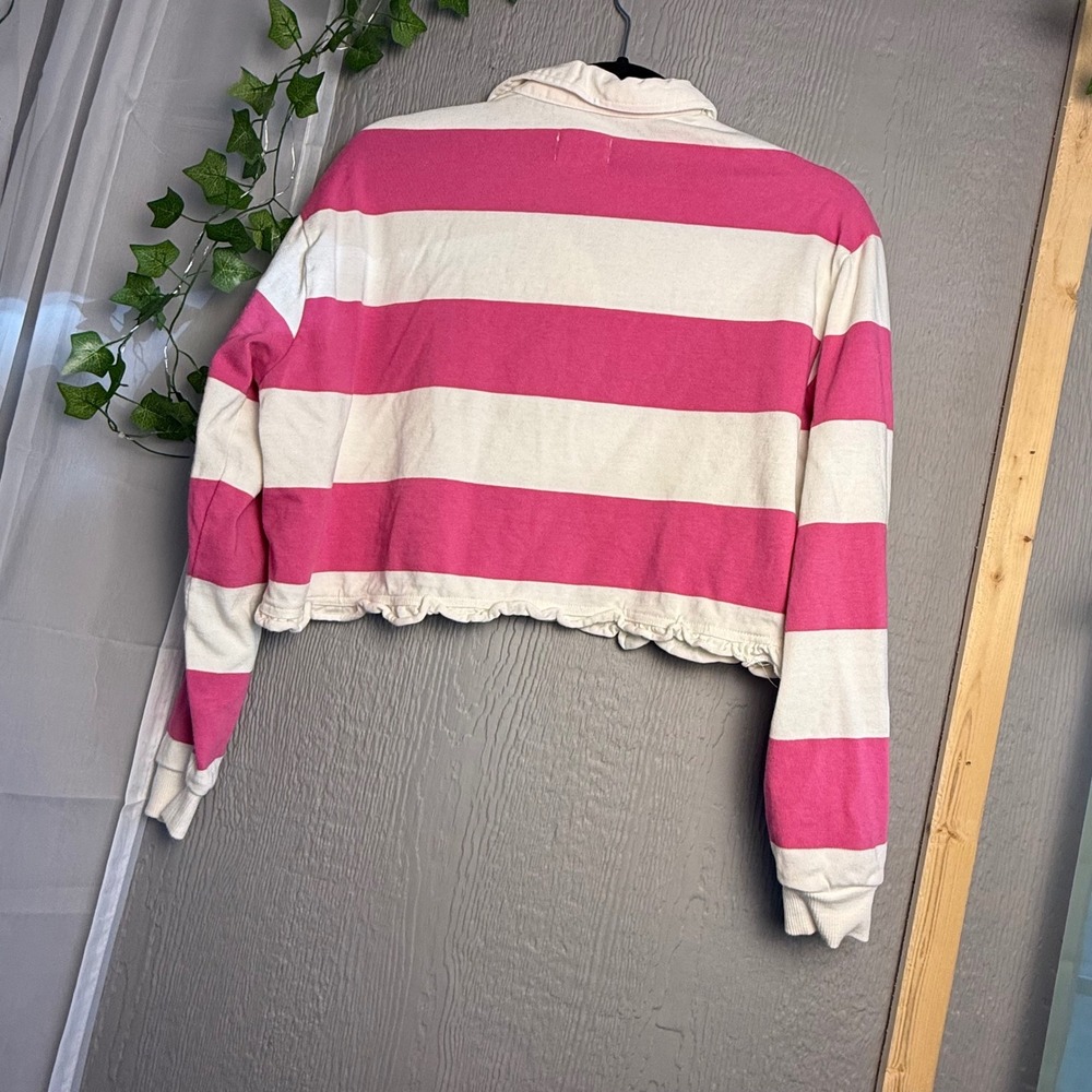 Thread & Supply Magenta Striped Crop Rugby Shirt Ruffle Hem Small - Picture 3 of 5